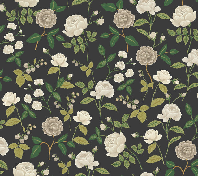 Roses Black Wallpaper with Botanical Whimsical Pattern - York RF7542