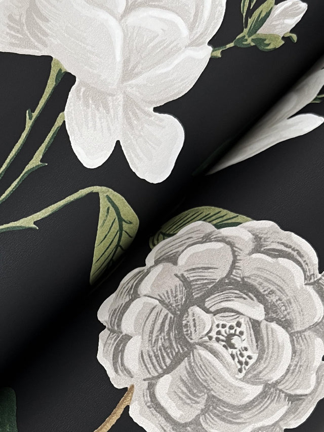 Roses Black Wallpaper with Botanical Whimsical Pattern - York RF7542