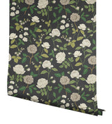 Roses Black Wallpaper with Botanical Whimsical Pattern - York RF7542