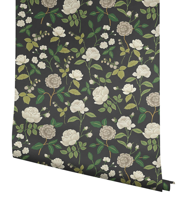 Roses Black Wallpaper with Botanical Whimsical Pattern - York RF7542