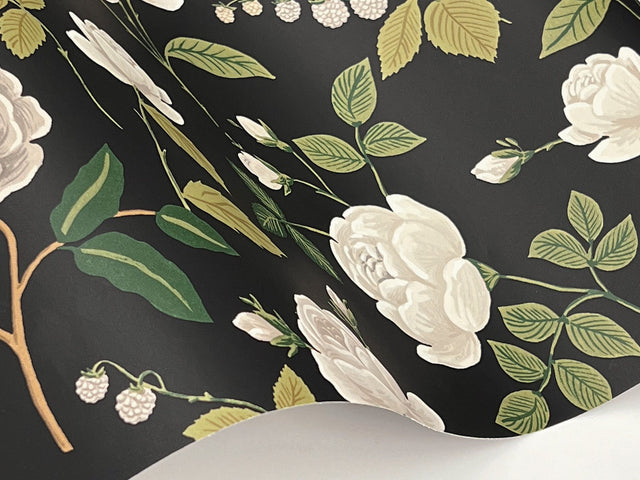 Roses Black Wallpaper with Botanical Whimsical Pattern - York RF7542