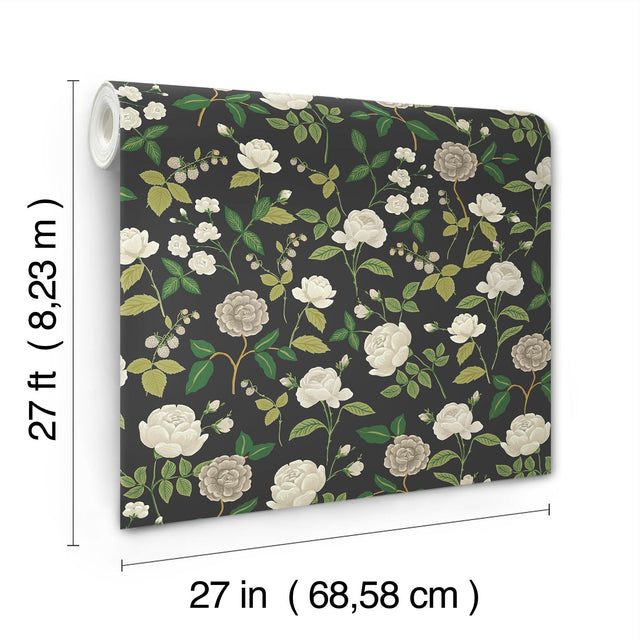 Roses Black Wallpaper with Botanical Whimsical Pattern - York RF7542
