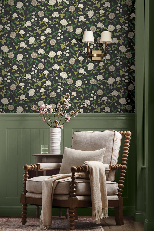 Roses Black Wallpaper with Botanical Whimsical Pattern - York RF7542