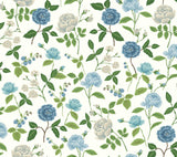 Roses Blue Wallpaper with Botanical Whimsical Floral Pattern - York RF7543