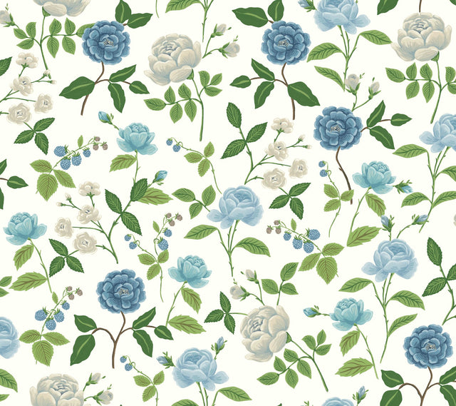 Roses Blue Wallpaper with Botanical Whimsical Floral Pattern - York RF7543