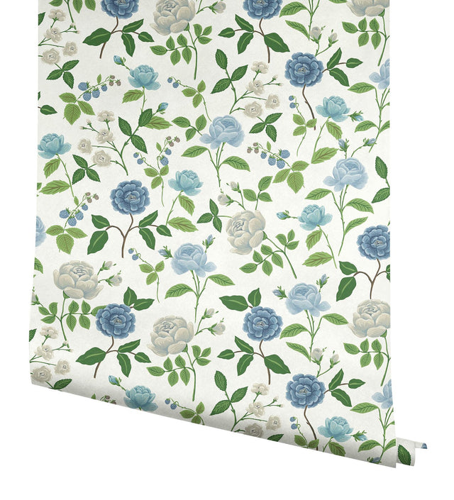 Roses Blue Wallpaper with Botanical Whimsical Floral Pattern - York RF7543