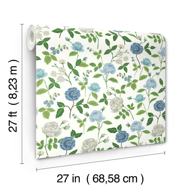 Roses Blue Wallpaper with Botanical Whimsical Floral Pattern - York RF7543