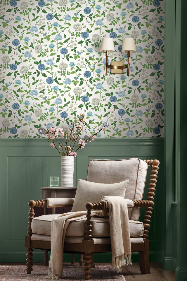 Roses Blue Wallpaper with Botanical Whimsical Floral Pattern - York RF7543
