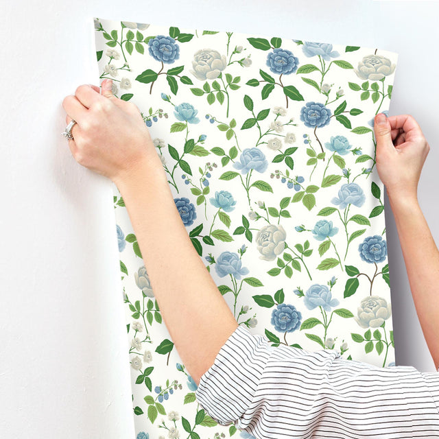 Roses Blue Wallpaper with Botanical Whimsical Floral Pattern - York RF7543