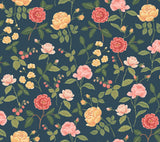 Roses Navy Wallpaper with Botanical Whimsical Pattern - York RF7544