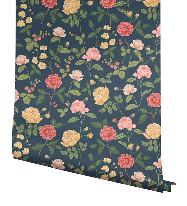 Roses Navy Wallpaper with Botanical Whimsical Pattern - York RF7544