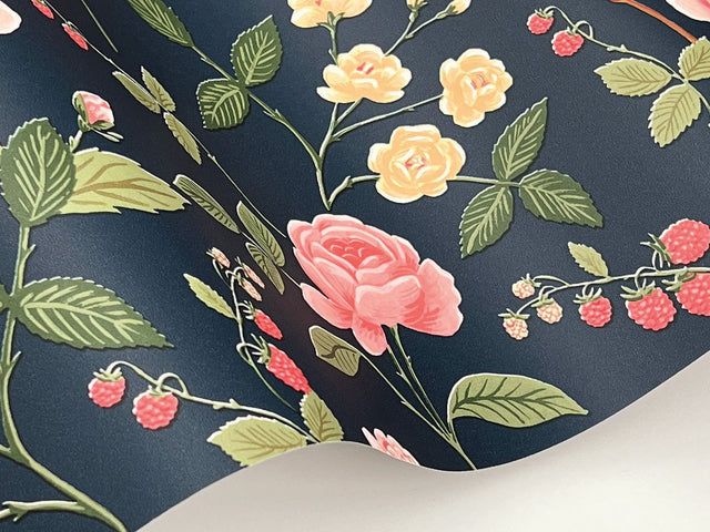 Roses Navy Wallpaper with Botanical Whimsical Pattern - York RF7544