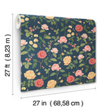 Roses Navy Wallpaper with Botanical Whimsical Pattern - York RF7544
