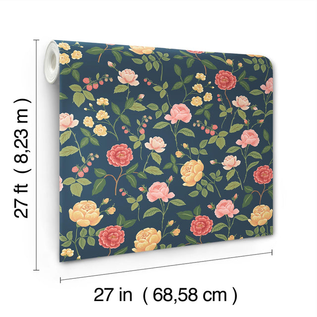 Roses Navy Wallpaper with Botanical Whimsical Pattern - York RF7544