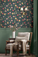 Roses Navy Wallpaper with Botanical Whimsical Pattern - York RF7544
