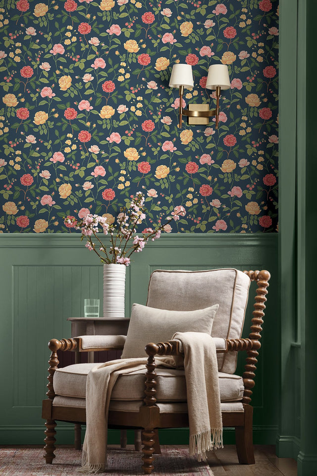 Roses Navy Wallpaper with Botanical Whimsical Pattern - York RF7544