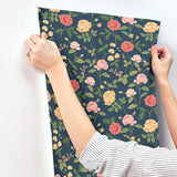 Roses Navy Wallpaper with Botanical Whimsical Pattern - York RF7544