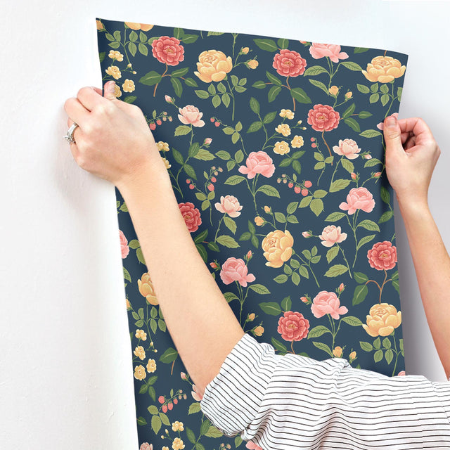 Roses Navy Wallpaper with Botanical Whimsical Pattern - York RF7544