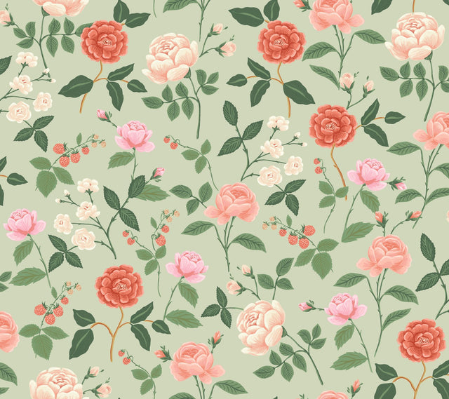 Roses Mint Wallpaper with Botanical Whimsical Floral Pattern - York RF7545