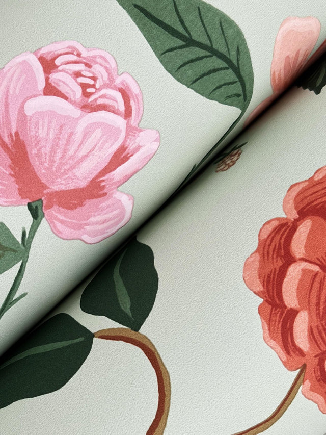Roses Mint Wallpaper with Botanical Whimsical Floral Pattern - York RF7545