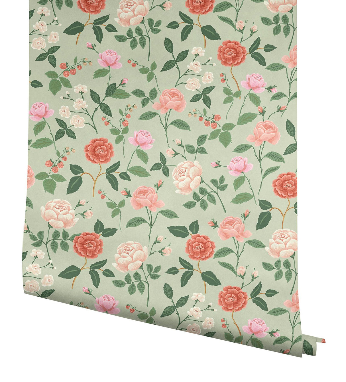 Roses Mint Wallpaper with Botanical Whimsical Floral Pattern - York RF7545