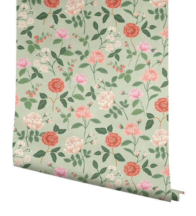 Roses Mint Wallpaper with Botanical Whimsical Floral Pattern - York RF7545
