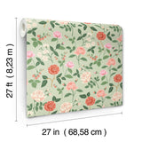 Roses Mint Wallpaper with Botanical Whimsical Floral Pattern - York RF7545