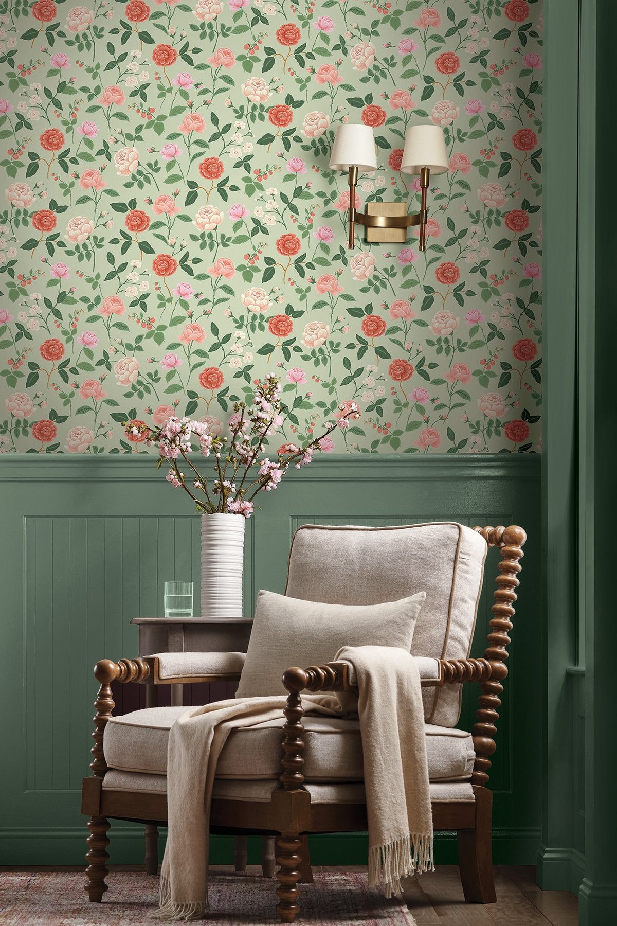 Roses Mint Wallpaper with Botanical Whimsical Floral Pattern - York RF7545