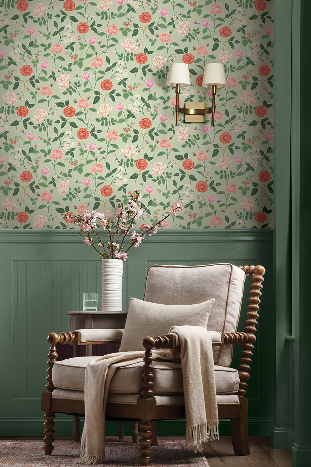 Roses Mint Wallpaper with Botanical Whimsical Floral Pattern - York RF7545