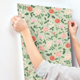 Roses Mint Wallpaper with Botanical Whimsical Floral Pattern - York RF7545