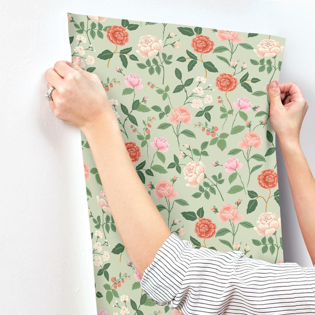 Roses Mint Wallpaper with Botanical Whimsical Floral Pattern - York RF7545