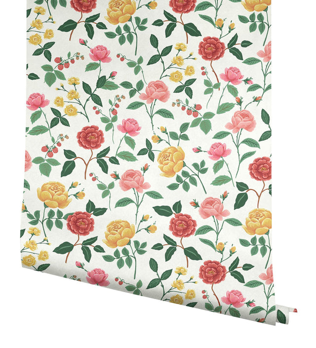 Roses Blush Wallpaper with Botanical Floral Motif, Whimsical Style - York RF7546