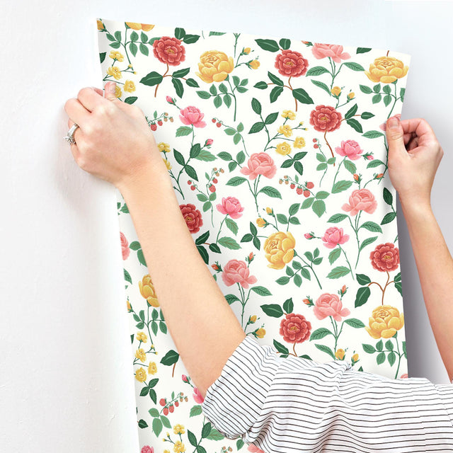 Roses Blush Wallpaper with Botanical Floral Motif, Whimsical Style - York RF7546