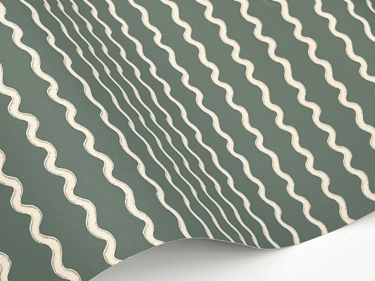 Rickrack Moss Wallpaper with Wavy Vertical Stripe Pattern - York RF7553