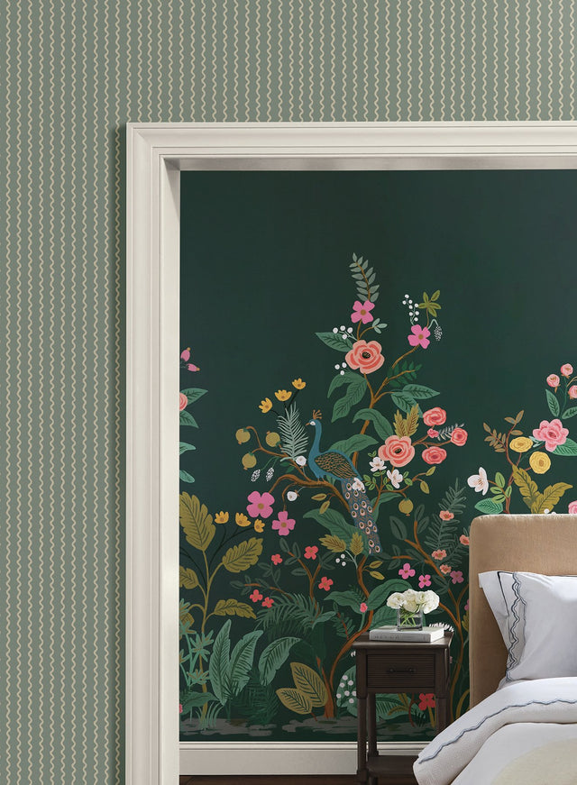 Rickrack Moss Wallpaper with Wavy Vertical Stripe Pattern - York RF7553