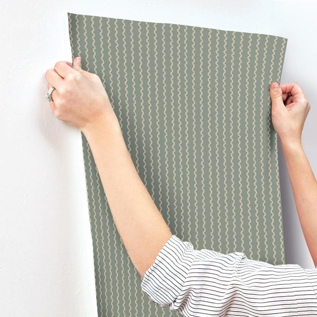 Rickrack Moss Wallpaper with Wavy Vertical Stripe Pattern - York RF7553