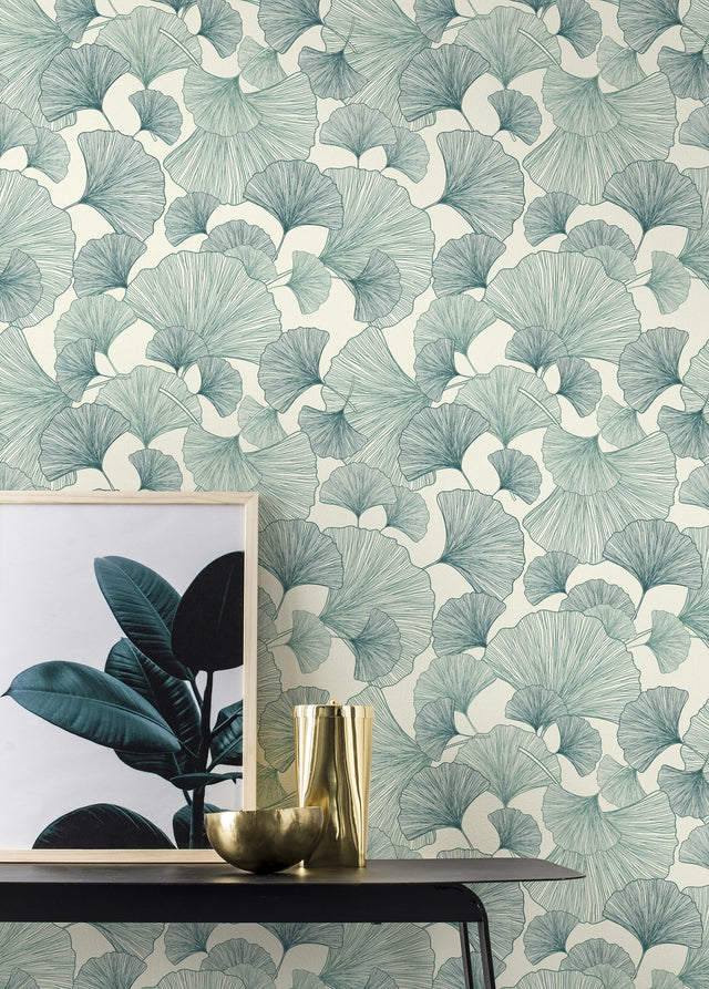 Waft Teal Ginkgo Botanical Vinyl Wallpaper with Bohemian Style - RH407662