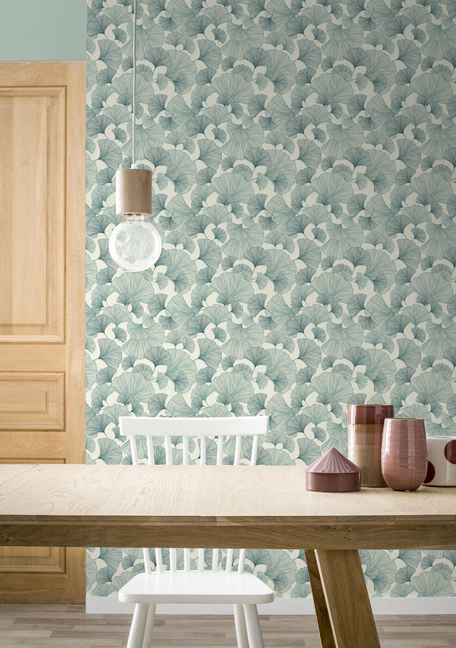 Waft Teal Ginkgo Botanical Vinyl Wallpaper with Bohemian Style - RH407662