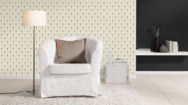 Ruhlmann Cream Fan Wallpaper with Art Deco Geometric Fan Motif - Rasch RH433210