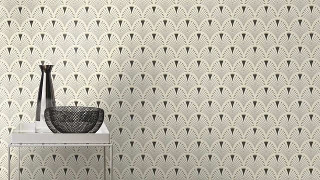Ruhlmann Cream Fan Wallpaper with Art Deco Geometric Fan Motif - Rasch RH433210
