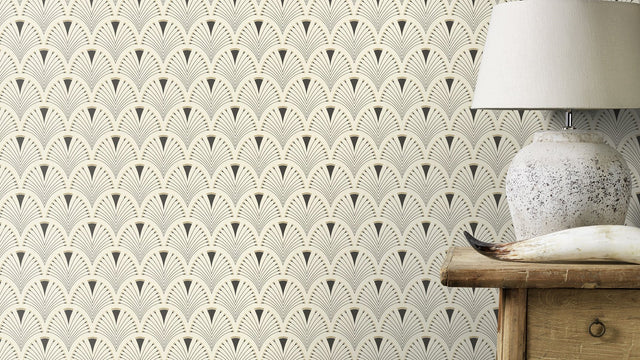Ruhlmann Cream Fan Wallpaper with Art Deco Geometric Fan Motif - Rasch RH433210
