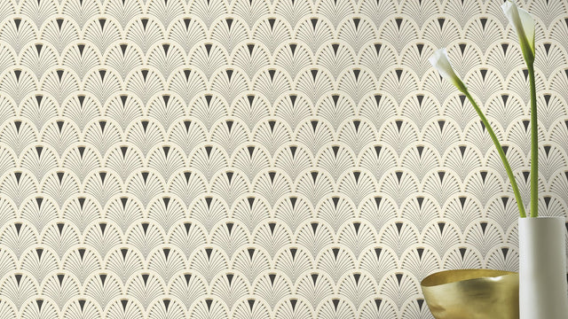 Ruhlmann Cream Fan Wallpaper with Art Deco Geometric Fan Motif - Rasch RH433210