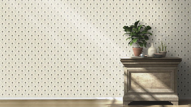 Ruhlmann Cream Fan Wallpaper with Art Deco Geometric Fan Motif - Rasch RH433210