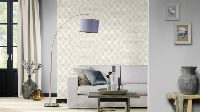Rooney White Fan Wallpaper with Art Deco Geometric Pattern - Rasch RH433937