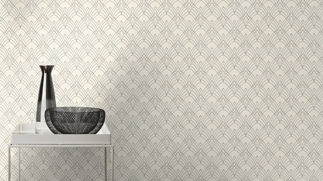 Rooney White Fan Wallpaper with Art Deco Geometric Pattern - Rasch RH433937