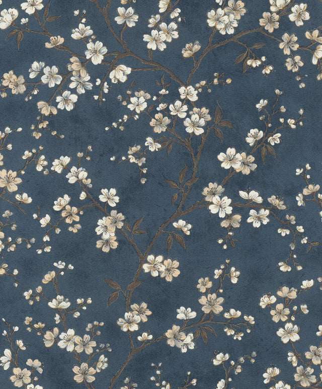 Tsubomi Blue Cherry Blossom Wallpaper with Botanical Floral Pattern - Rasch RH456738