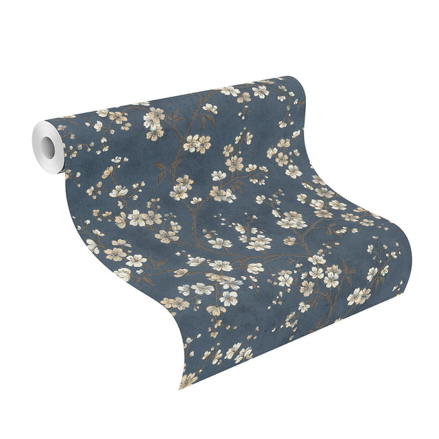 Tsubomi Blue Cherry Blossom Wallpaper with Botanical Floral Pattern - Rasch RH456738