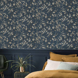 Tsubomi Blue Cherry Blossom Wallpaper with Botanical Floral Pattern - Rasch RH456738