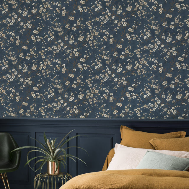 Tsubomi Blue Cherry Blossom Wallpaper with Botanical Floral Pattern - Rasch RH456738