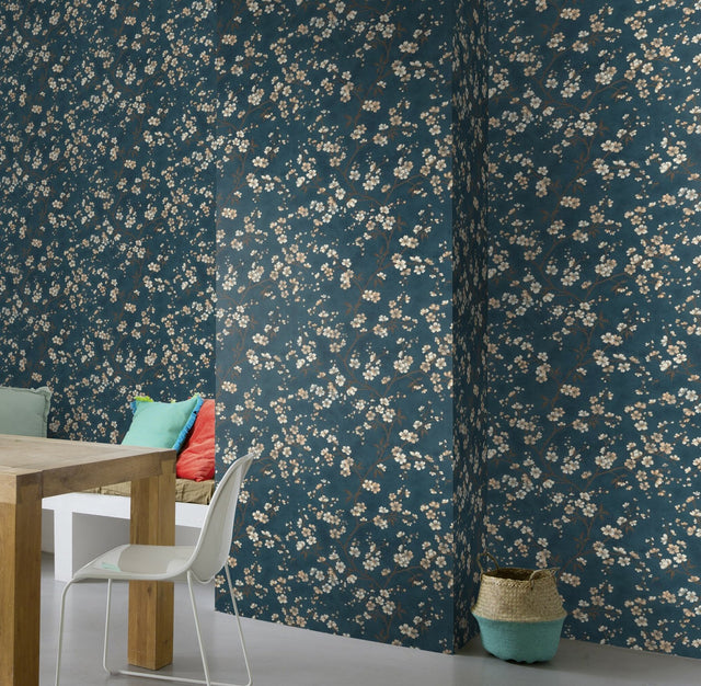 Tsubomi Blue Cherry Blossom Wallpaper with Botanical Floral Pattern - Rasch RH456738